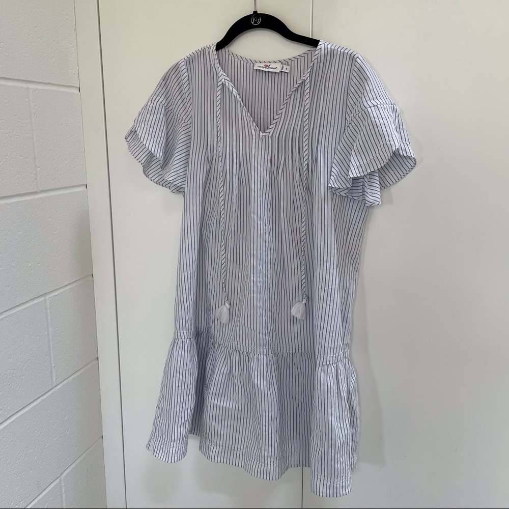 Vineyard Vines Blue and White Striped Ruffle-Sleeve Cotton Dress